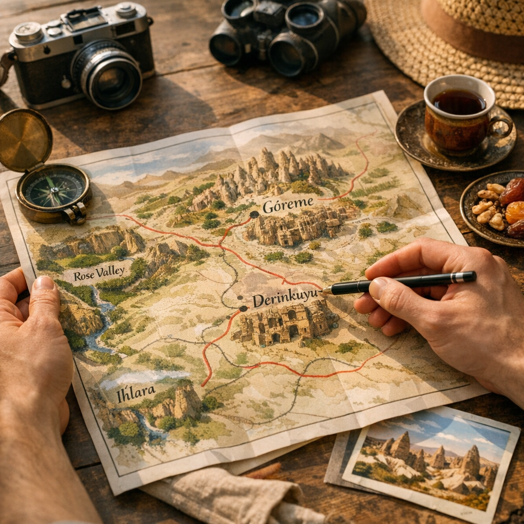 Les sites à repérer sur la carte : Göreme, Derinkuyu, Ihlara et les vallées