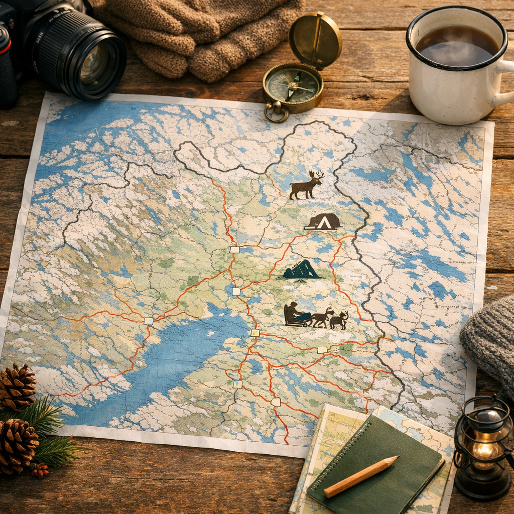 Carte de la Laponie finlandaise&nbsp;: villes, routes et spots à placer