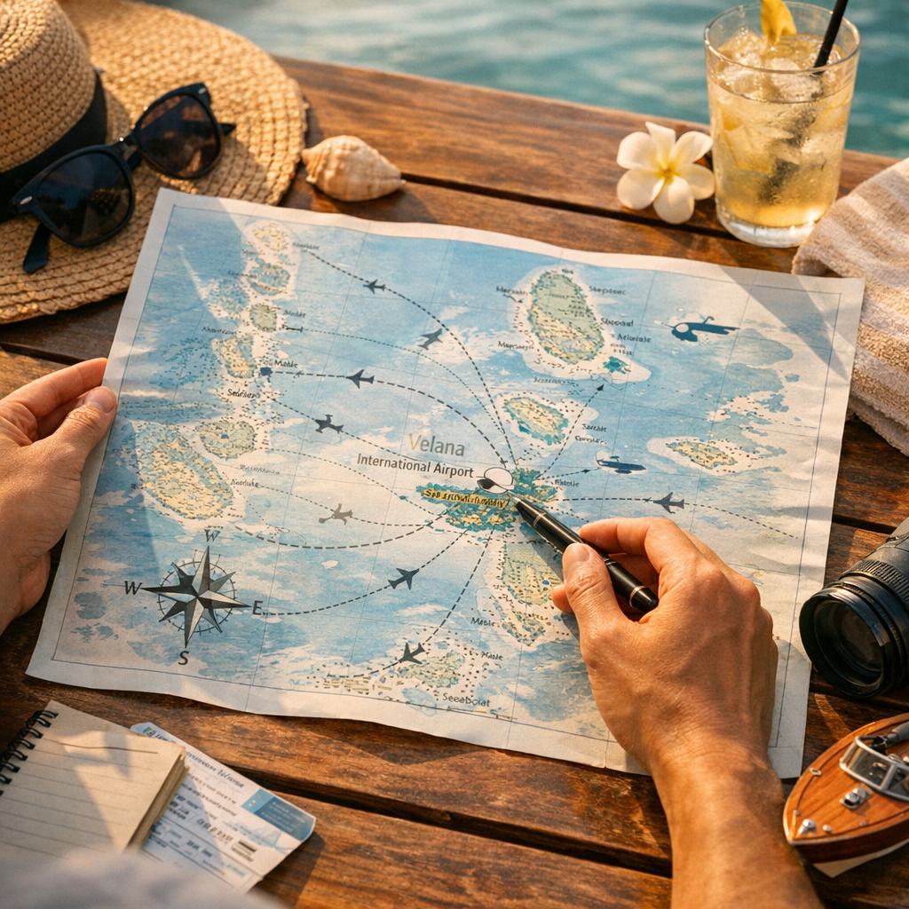 Distances et transferts depuis Velana&nbsp;: lire la carte comme un itinéraire