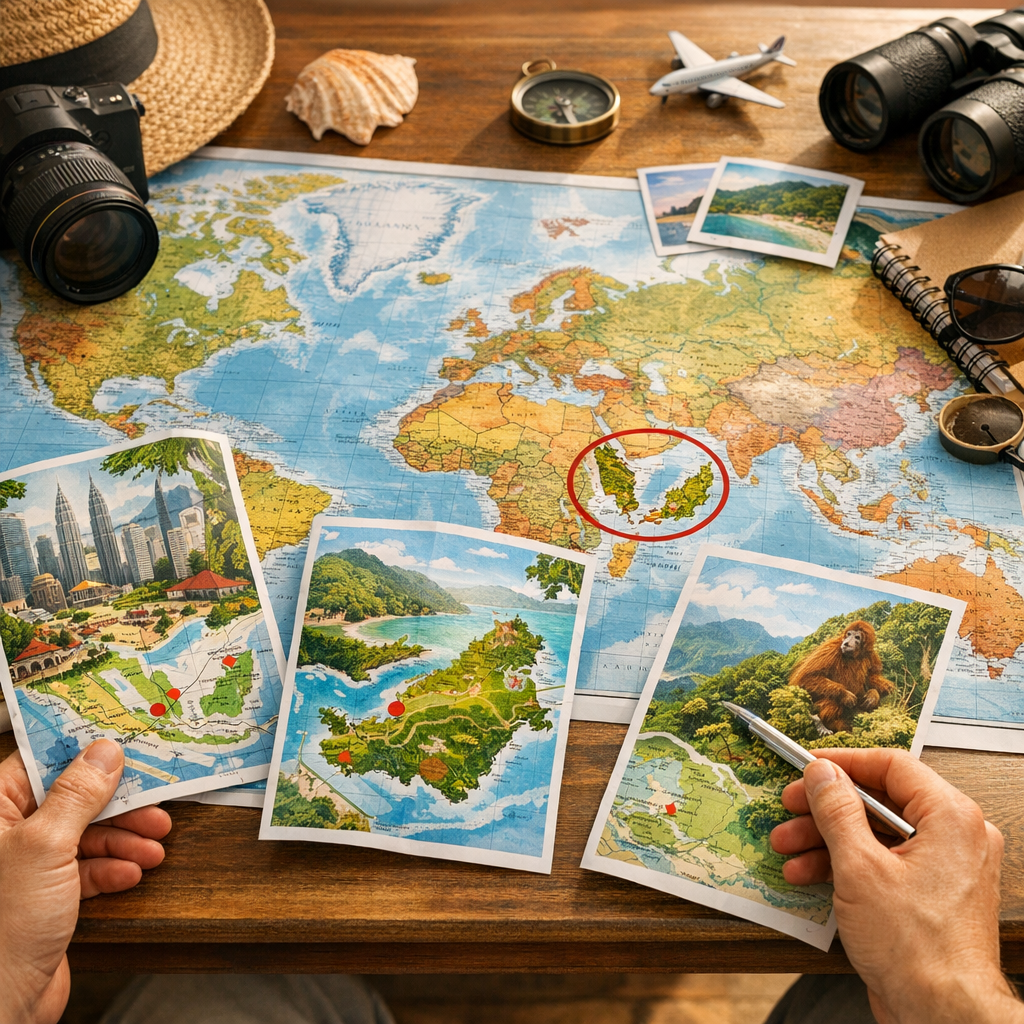 Cartes touristiques&nbsp;: trois itinéraires Kuala Lumpur, Langkawi, Bornéo à comparer